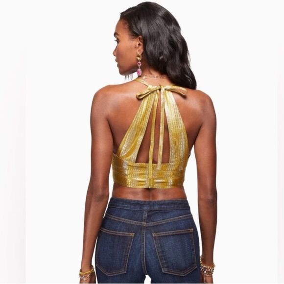 RAMY BROOK Crop Top NWT Halter Adriana Silk Metallic Gold Silver Size 4 - Picture 2 of 11